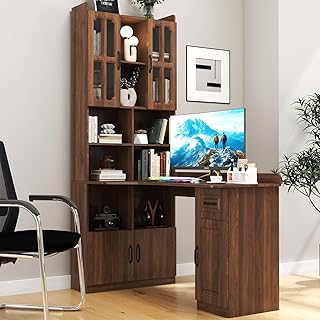 KEIKI Home Office Desks with Hutch, Drawers, Bookshelf, Storage Cabinet & Glass Doors, Modern Wooden Computer Corner Table for Work, Study, Writing