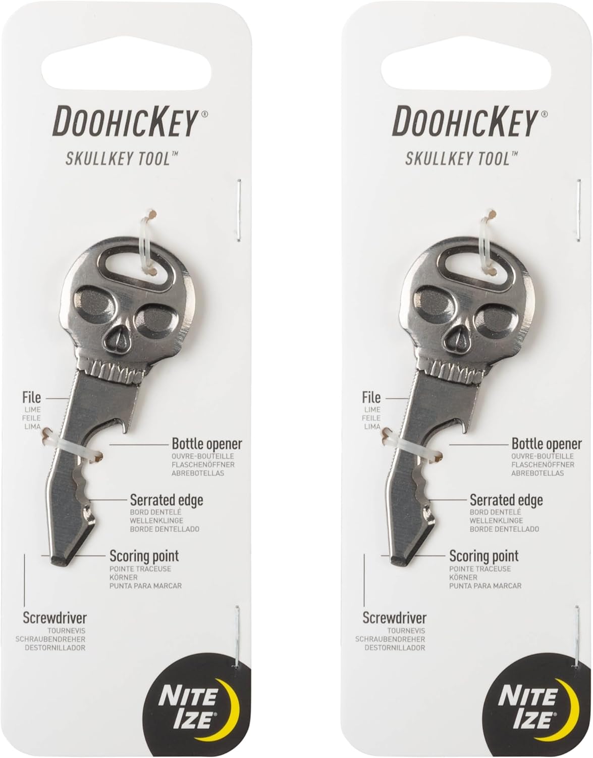 Nite Ize DoohicKey SkullKey Key Tool - Durable Keychain - Multipurpose with Bottle Opener, File, Serrated Edge, Scoring Point & Screwdriver - Travel & Airport-Friendly Multi Tool - 2 Pack
