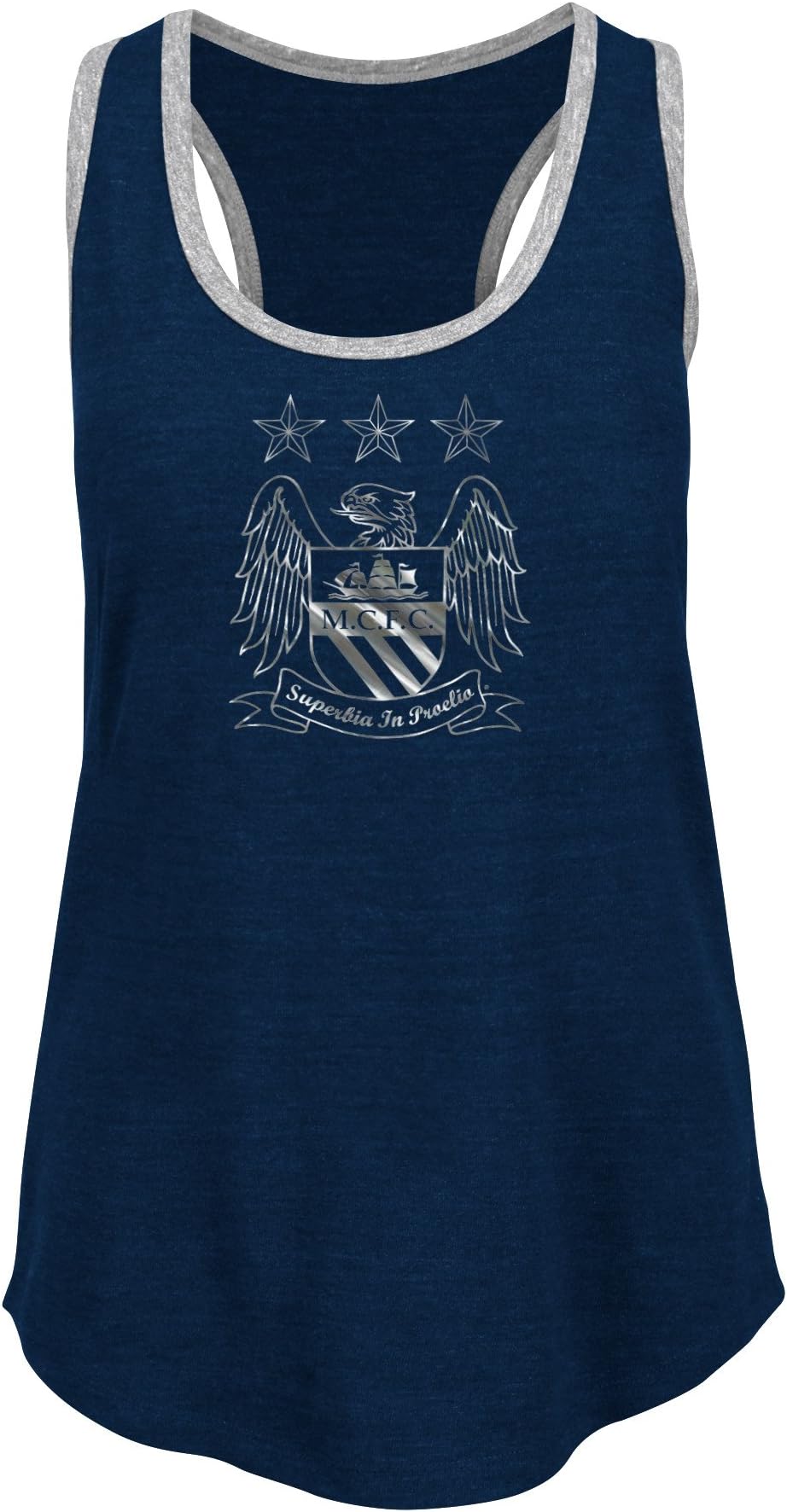 VF LSG English Premiership Manchester United Women's Majestic Soccer Football Club Manchester Crest Tee Sleeveless Scoop Neck Racer Back Tank, X-Large, Navy Heather/Steel Heather