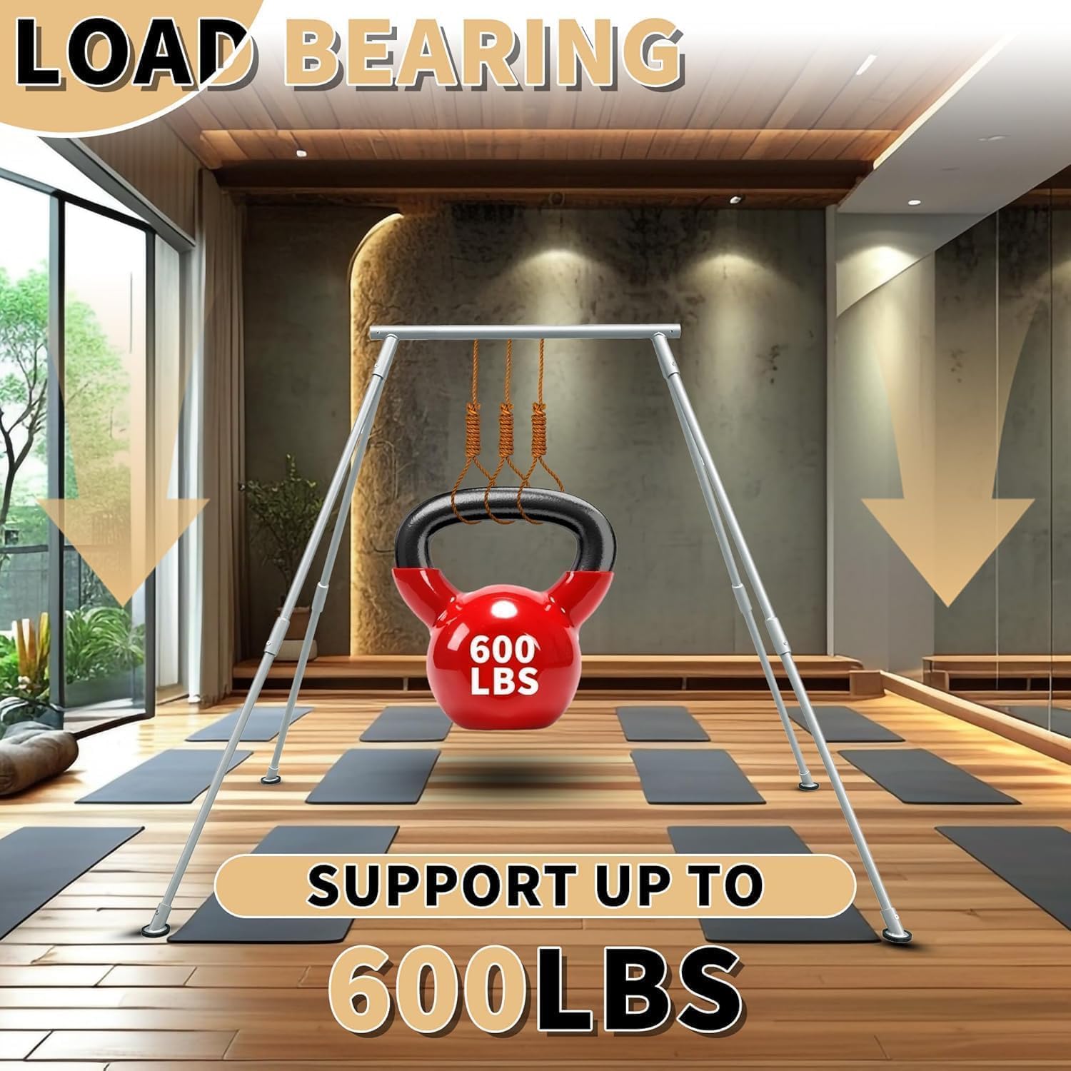 HECASA Yoga Stand W/Aerial Silks, 8.1ft Yoga Frame W/20ft Purple Aerial Silks Hammock Swing Set for Outdoor Indoor Fitness Bodybuilding 600LBS Height Adjustable -Two Packages