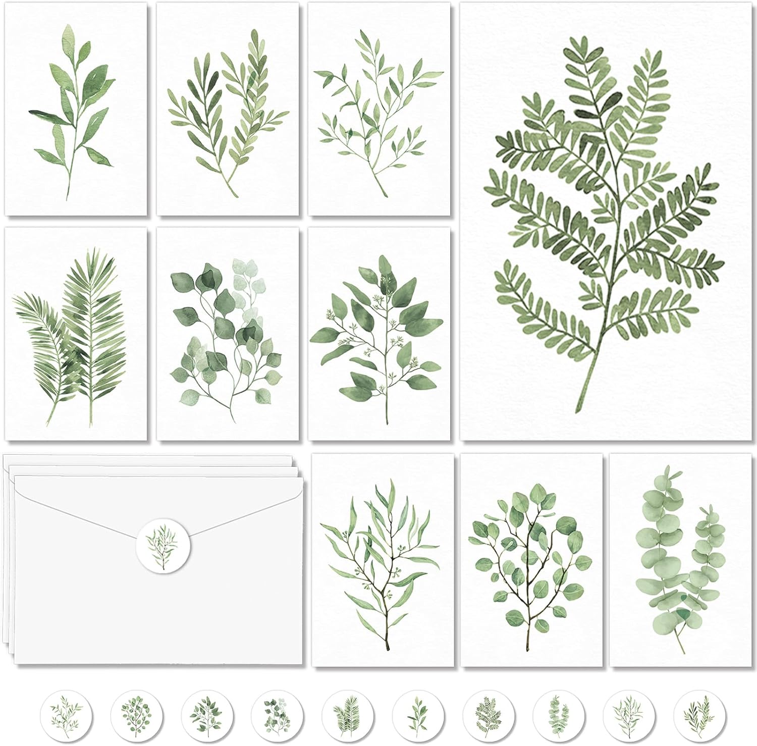 100PCS Greenery Blank Cards and Envelopes Bulk 4x6 Inch Watercolor Botanical Greeting Cards With Envelopes Stickers Green Leaves Plants Thank You Note Card For Birthday Baby Bridal Shower Wedding