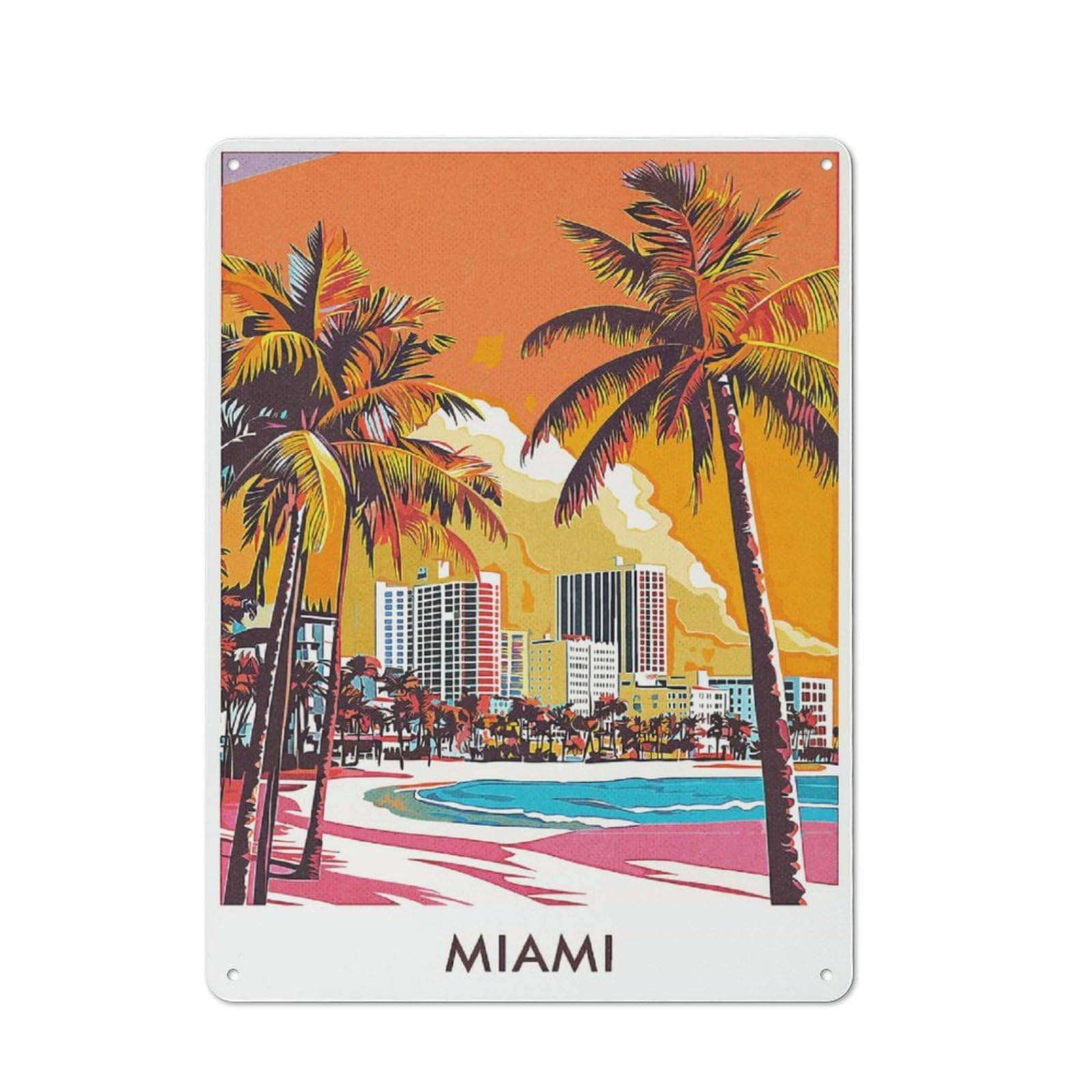 Junmoney Style-18 Miami Beach Skyline Tin Sign 40X30cm For Workshop Wall, Vintage Wall Decor, For Metal Sign Collectors, For Garage And Workshop Walls