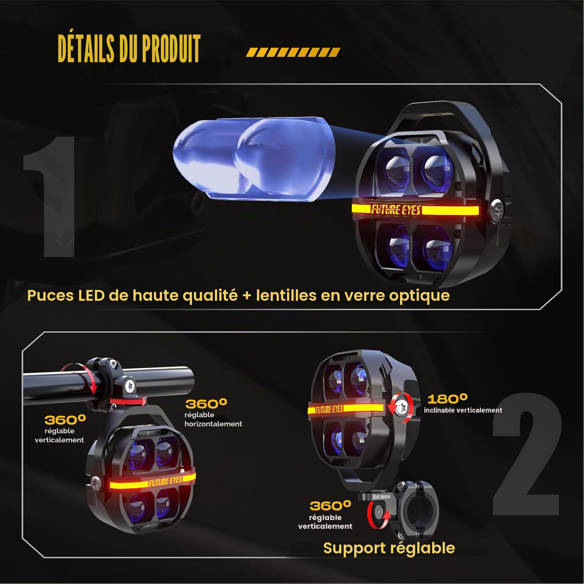 Future Eyes X100 phare additionnel moto led feux auxiliaire moto homologué