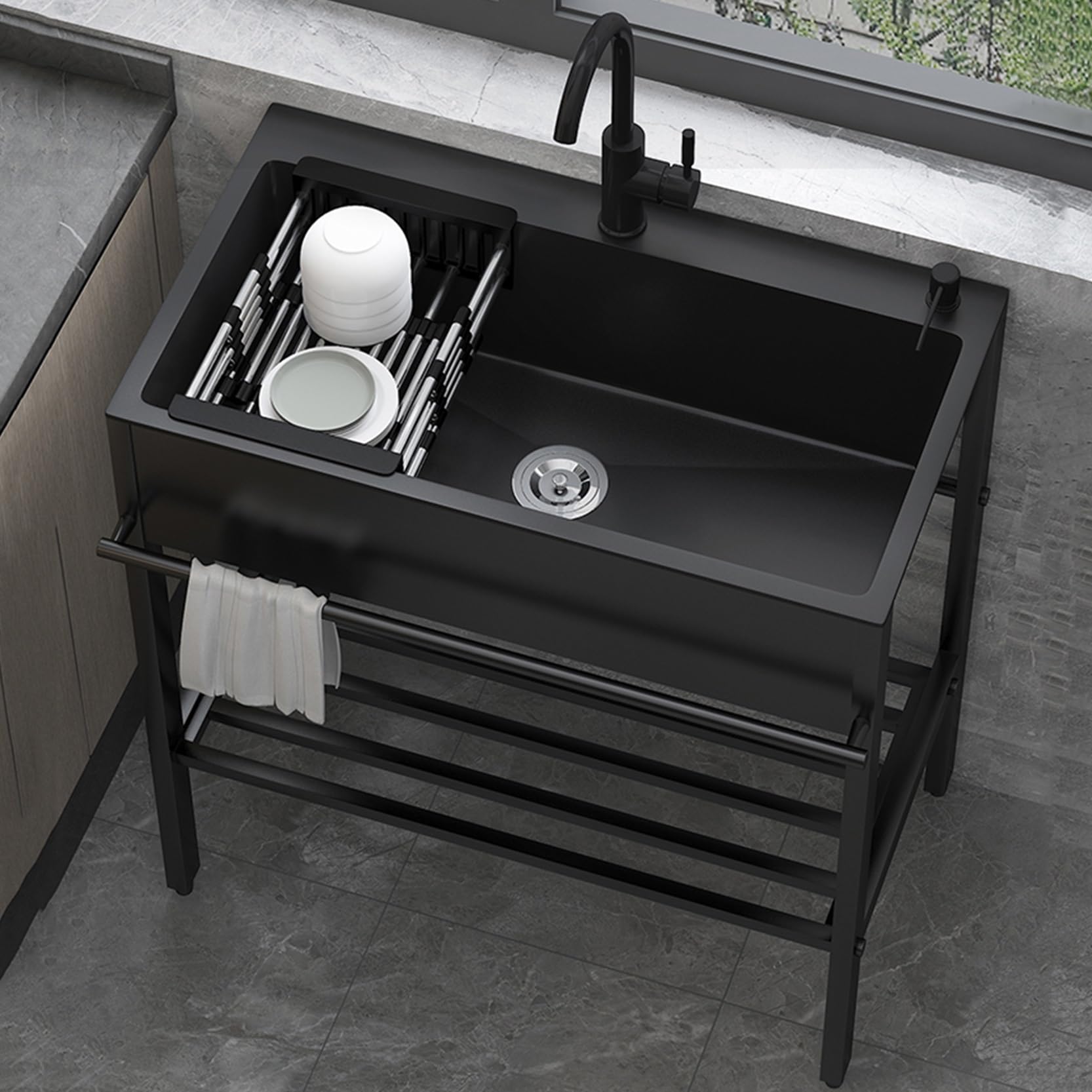 Fregadero de Cocina de Acero Inoxidable 60x45x86cm,Fregadero Independiente con Grifo,Pila Lavadero Multifuncional,Fregaderos Comercial Exterior Jardin,para Restaurante Garaje Lavadero Patio Trasero