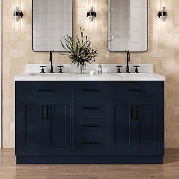 DKB Isabella 60-Inch Midnight Blue Double Bathroom Vanity, 1.5-Inch Carrara Quartz Countertop & Splash, Rectangular Sinks, 4 Soft Closing Doors, 6 Dovetail Drawers, Toe Kick, Matte Black