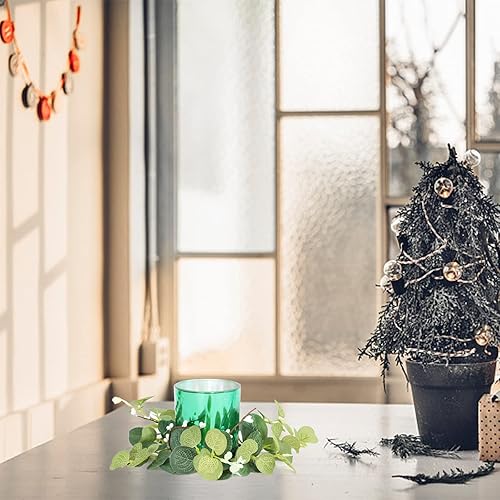 Miniatura 7 de ZHDOKA 4 aros de vela de pilar, coronas de hojas de eucalipto artificiales, mini coronas verdes bohemias, corona decorativa rústica de granja para
