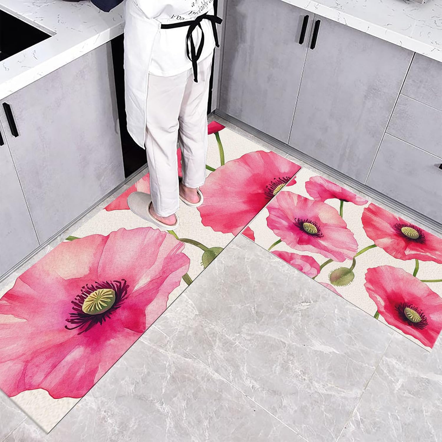 Watercolor Anti Fatigue Kitchen Mat Set of 2 Non Slip for Floor Waterproof Pink Poppy Kitchen Mats Set Comfort Standing Desk Mat Carpet for Sink,Office,Laundry 40 * 60+40 * 120CM