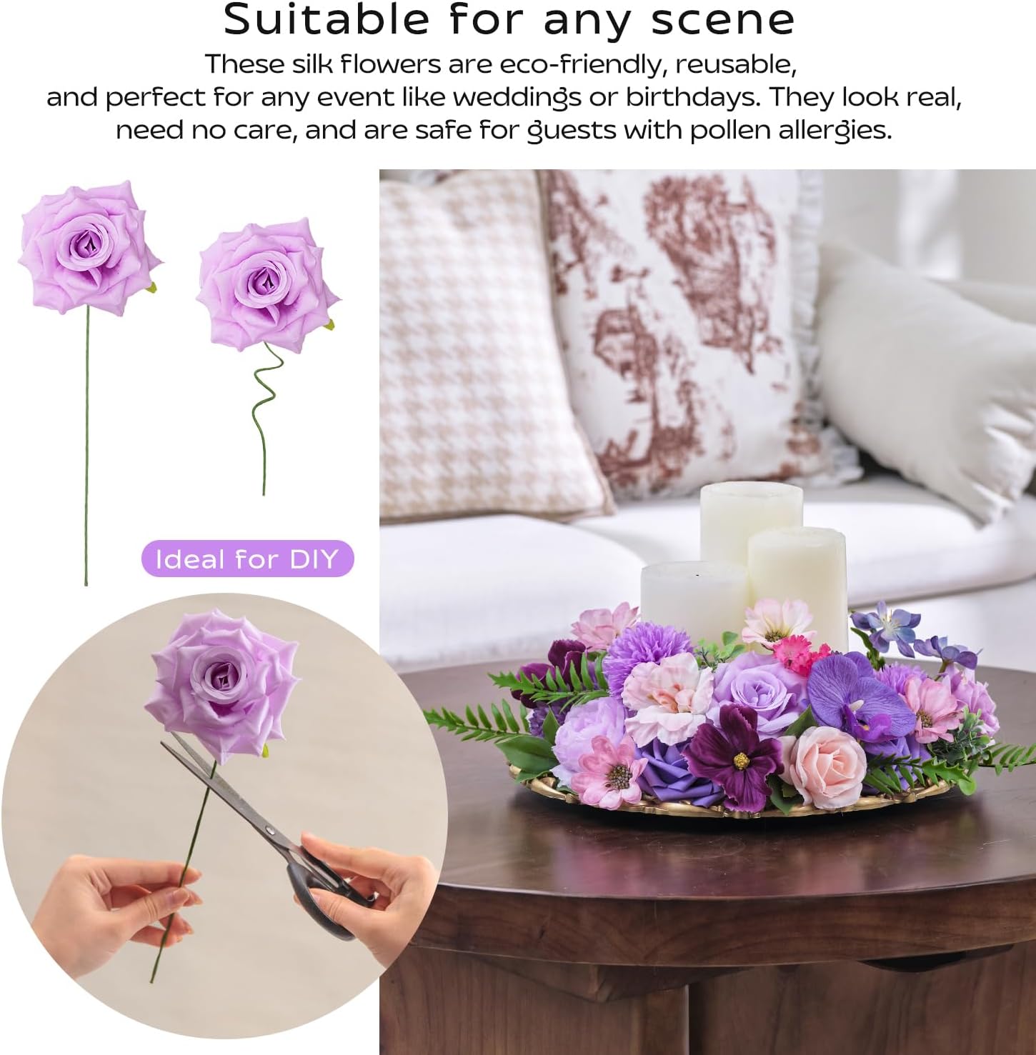TINGE TIME Fake Flowers Artificial Flowers Peonies Bulbous Chrysanthemum Daisy Hydrangea Sunflower Violets Dahlia Daffodils Epiphyllum Orchid Cherry Blossom Camellia Leyaron (Purple)