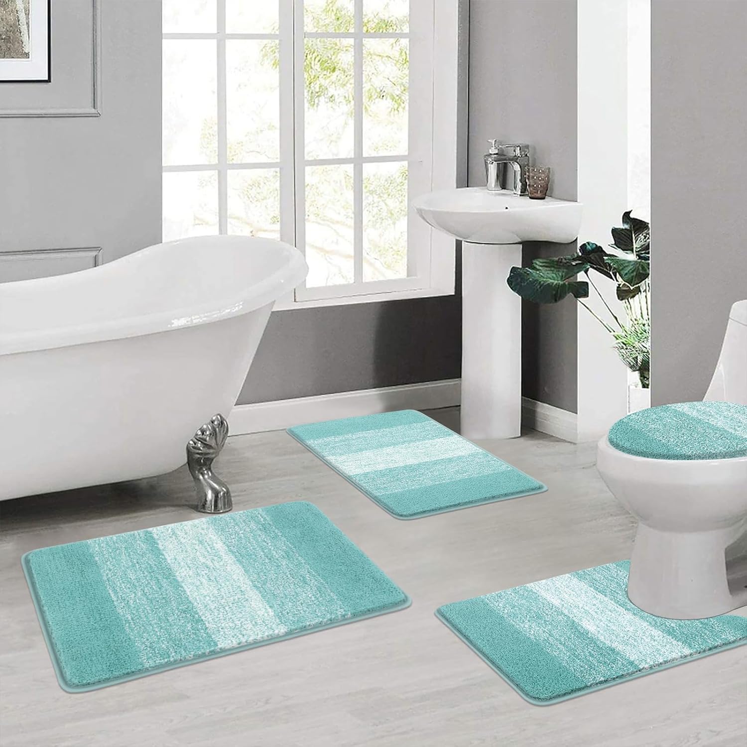 Bsmathom Bathroom Rugs Sets 4 Piece, Soft Absorbent Microfiber Bath Rugs with U-Shaped Contour Toilet Rug and Toilet Lid Cover, Thick Non-Slip Plush Shaggy Bath Mat Set,Teal