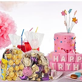 Nobranded 50 pcs Clear 11 x 14 Flat Cello Cellophane Bags Poly Treat Bags 2.8 mils for Gift Wrapping, Bakery, Cookie, Candies, Toast, Dessert, Party Favors Packaging with Color Twist Ties