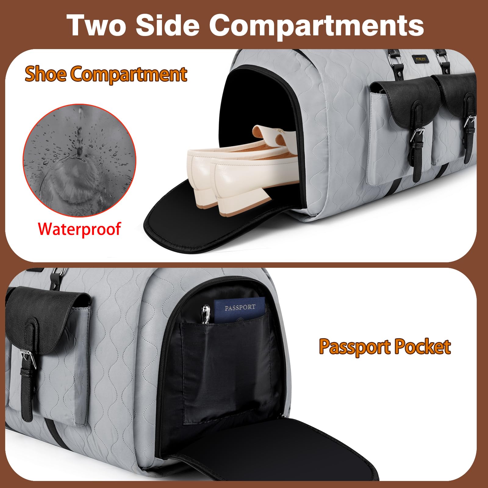 Kleidertasche für Reisen, wandelbare Handgepäcktasche für Damen und Herren, große Wochenendtasche mit Schuhtasche, 2-in-1, zum Aufhängen, Reisetasche, 3-teiliges Set, GRAU