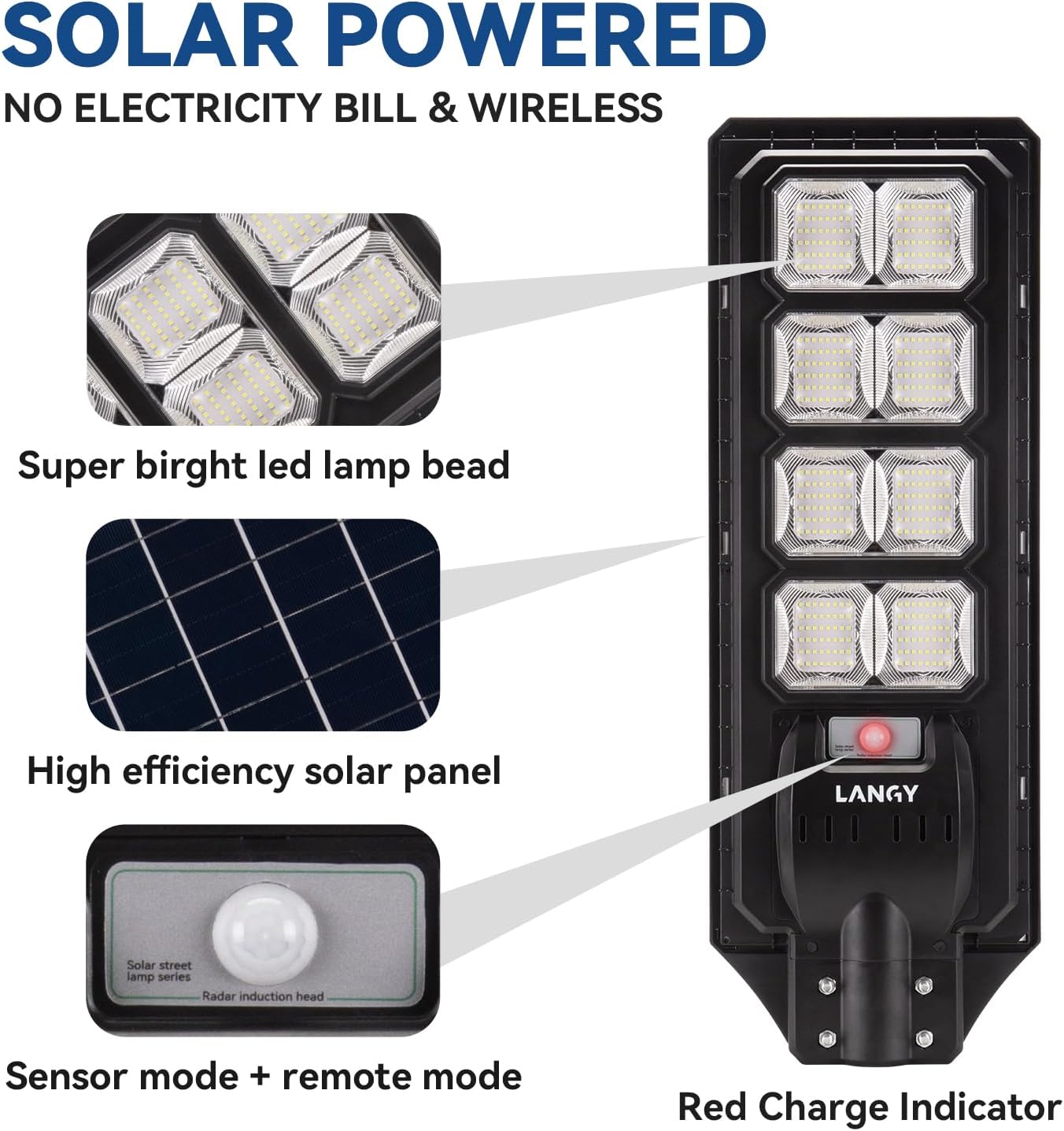 LANGY 2PACK Solar Street Lights Outdoor Lamp 200000 lumens with Remote Control,Dusk to Dawn Motion Sensor,IP65 Waterproof Solar Powered Outdoor Lamp for Parking Lots,Yard,Barn Basketball Court
