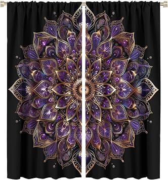 Bohemian Mandala Floral Blackout Curtains for Bedroom Living Room, Rod Pocket Art Deco Minimalist Curtains Thermal Insulated Window Drapes 2 Panels, Each 21W x 45L