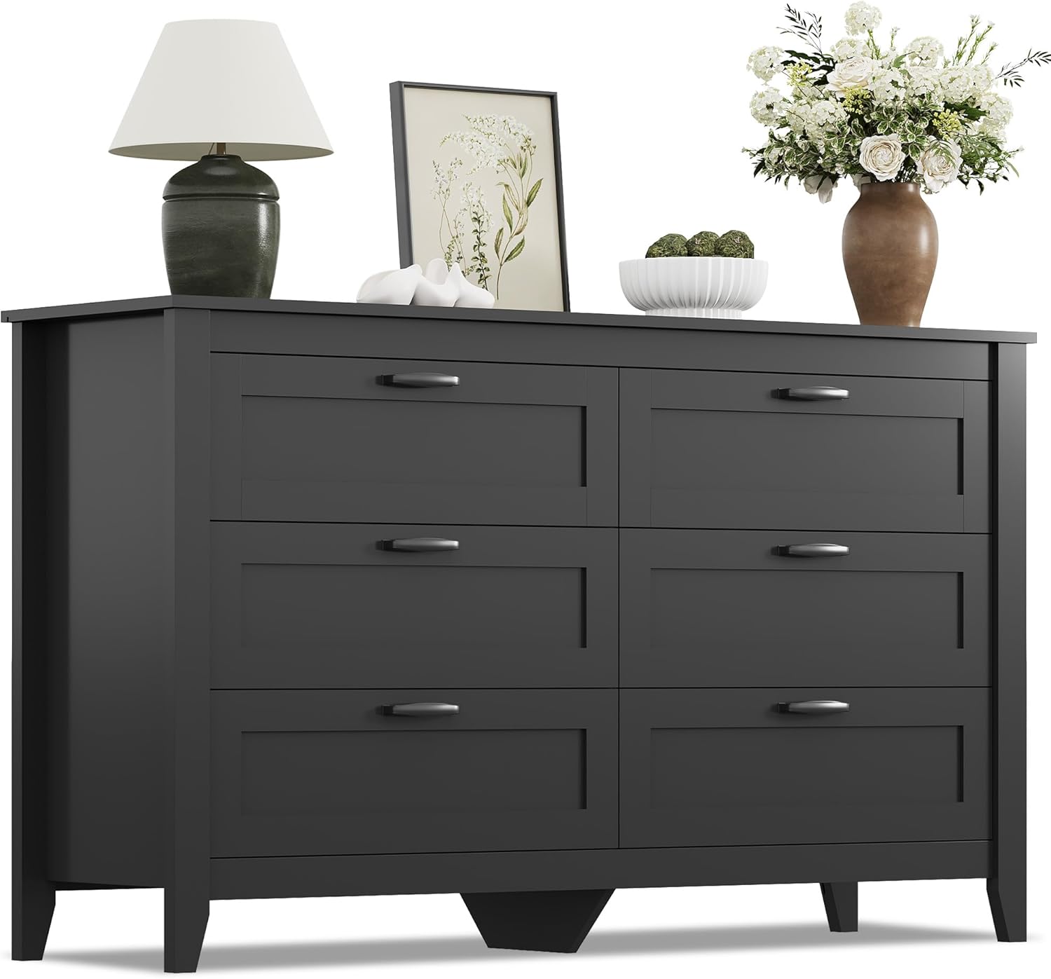 WLIVE Black Dresser for Bedroom, 6 Drawer Wood Dresser with Metal Handle, Large Double Wooden Chest of Drawers for Living Room, Hallway, Closet