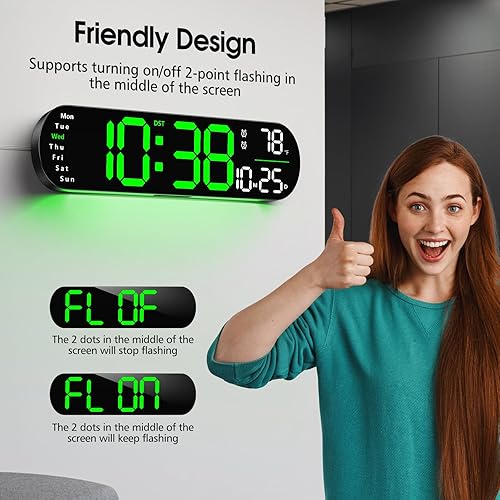 Miniatura 6 de Zgrmbo Reloj de pared digital, reloj digital de pantalla grande de 13 pulgadas con control remoto, reloj de pared con atenuación automática con luz