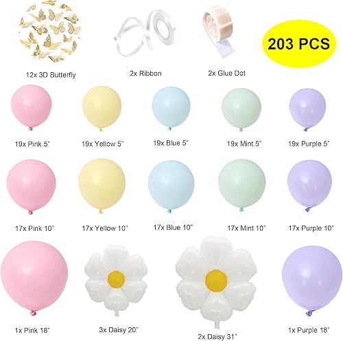 Miniatura 2 de Kit de guirnalda de globos pastel de margaritas, 203 piezas para arco iris, kit de arco de globos bohemio con mariposas 3D, perfecto para decoración