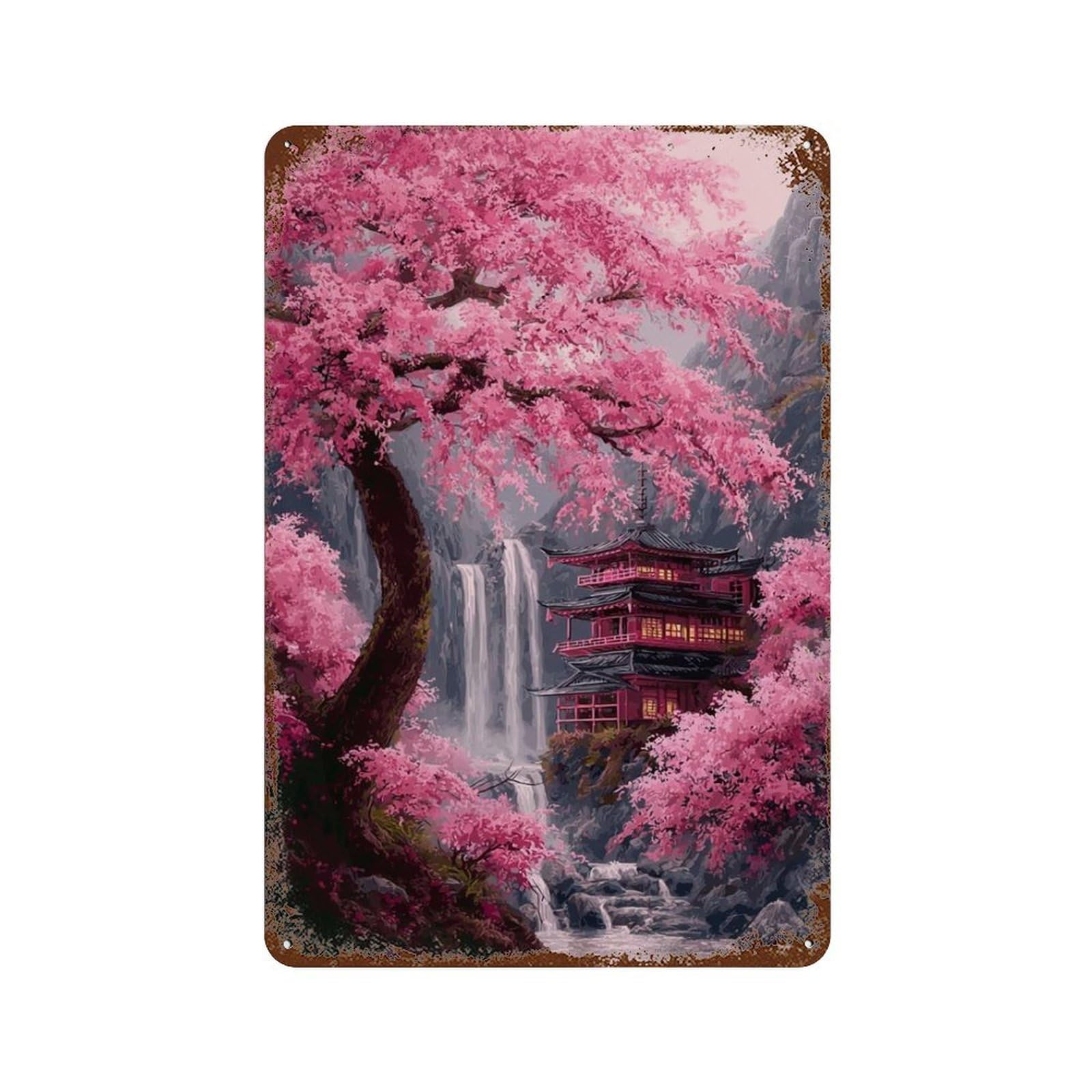 Vintage Rust Metal Sign with Cherry Blossom Waterfall Pagoda Scene-1 Design 11.8"x7.9", for Shed, Workshop And Garage Wall Decor, Retro Wall Decor