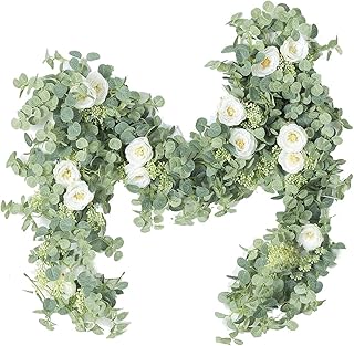Ecohomn Artificial Flower Eucalyptus Garland with 8 Camellias, 6ft Silk Rose Vine Decorations Hanging Faux Leaves Floral G...