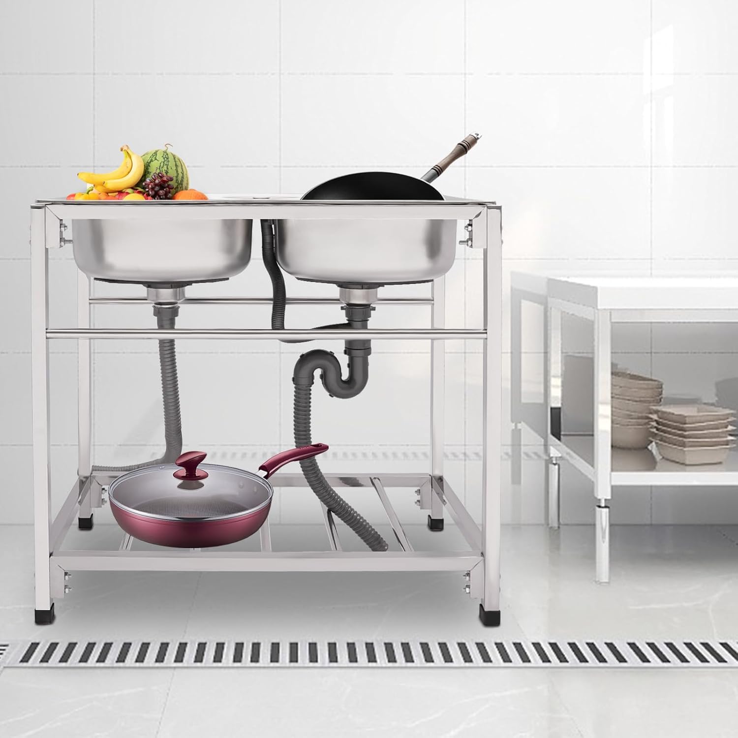 Outdoor Utility Sink Stainless Steel Double Bowl Sink Free Standing Commercial Restaurant Kitchen Sink with Hot and Cold Faucet for Laundry, Garage, Cafe Bar