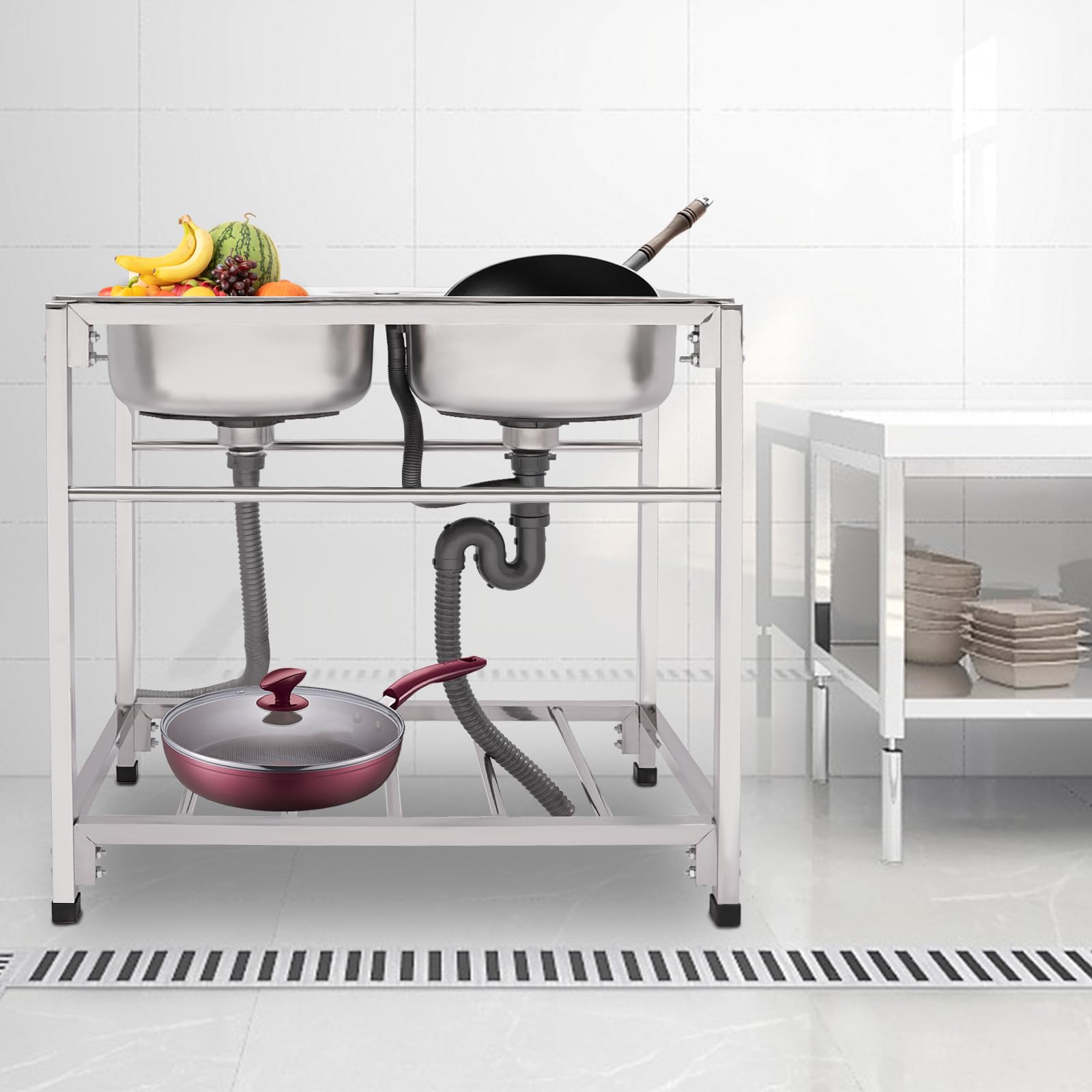 Lavabo indipendente in acciaio inox, 2 vasche da cucina, portata fino a 150 kg, 60 x 60 x 93 cm