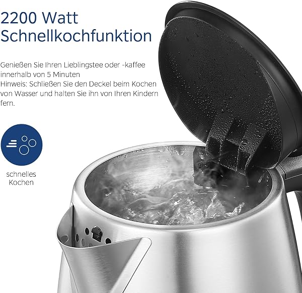 Midea Wasserkocher Edelstahl 1.7L, BPA-freier Wasserkocher, 2200W Schnellkochfunktion, Kettle mit Wasserstandsanzeige, LED-Leuchtanzeige, 360°-Basis, Trockenlaufschutz, MKE17M1ADS - 4