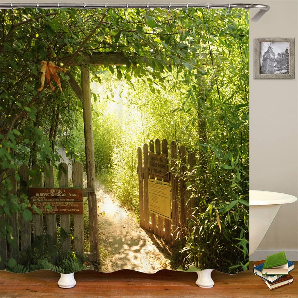 JIANGLANY Green Bamboo Forest Shower Curtain with Hooks Spring Scenery