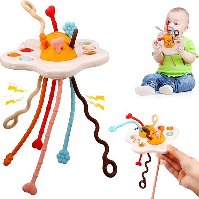 Sensory Toys for Babies 12-18 Months, Silicone Pull String Activity Toy Travel Toys for Toddlers 1-3, UFO Activity Toys Baby Toys Fine Motor Skills Toys Gift for Boys Girls Kids Age 1-5