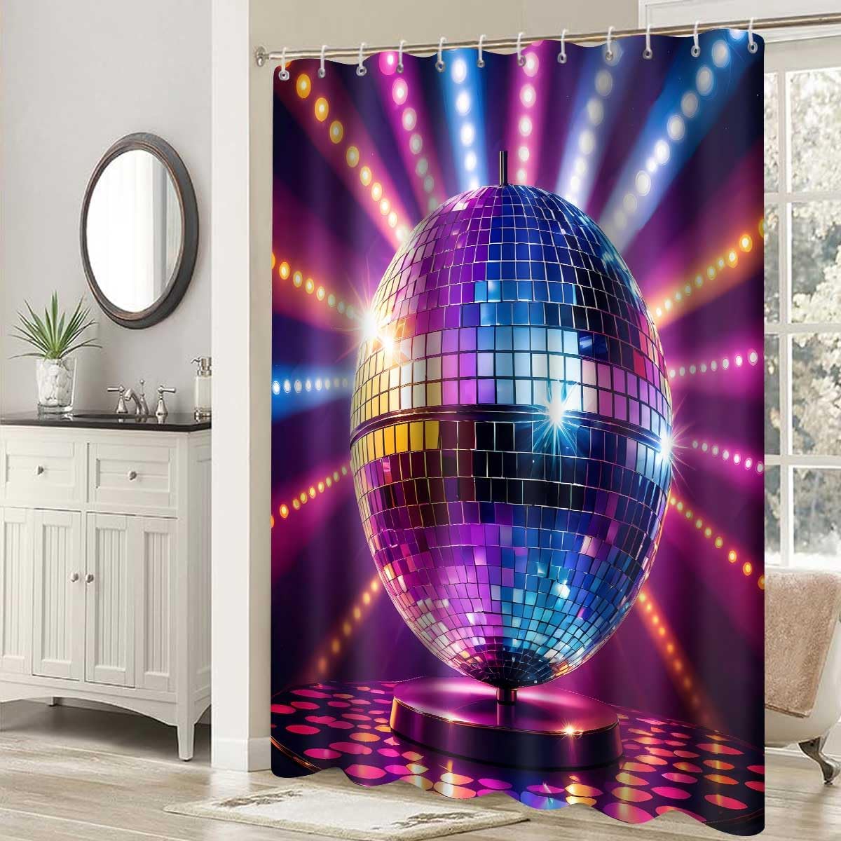 Disco Ball Shower Curtain Vintage 60s 70s 80s Disco Neon Music Bath Curtain 72x72 Inches Washable Polyester Night Club Disco Theme Bathroom Curtians with 12 Hooks YLOKPA1100