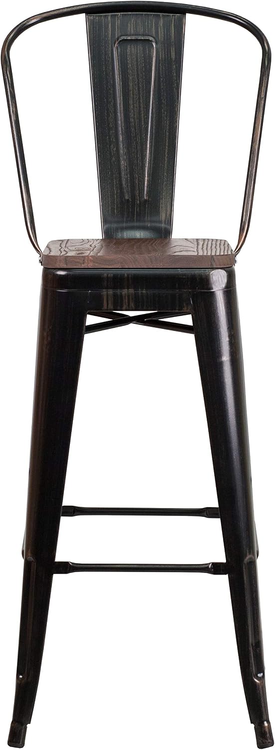 Taylor + Logan 30 Inch High Metal Barstool with Back and Wood Seat, Black Antique Gold