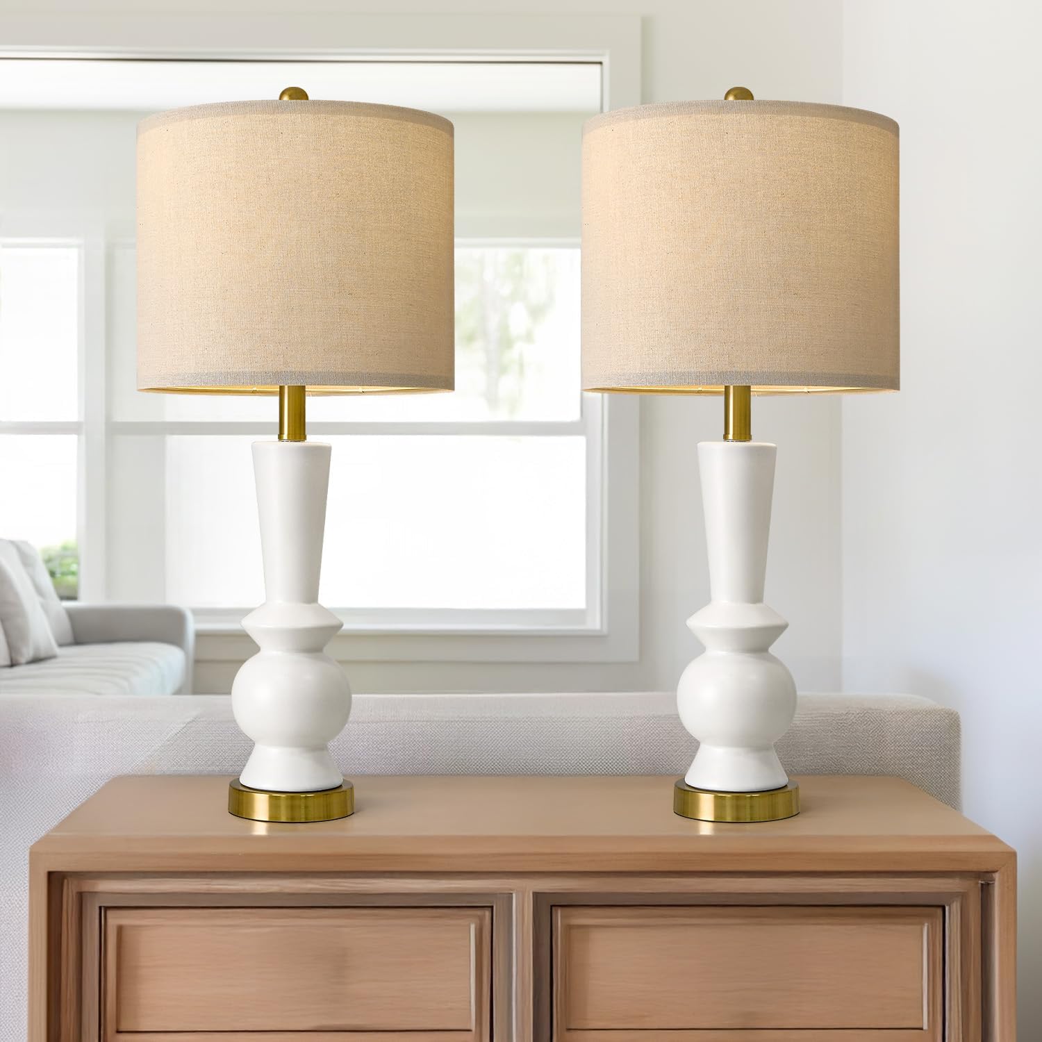 PORTRES 27" Modern Ceramic Table Lamp Set of 2 for Living Room White & Gold Bedside Lamps for Bedroom Nightstand Lamp Tall End Table Lamps