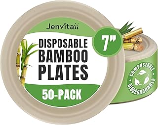 Jenvita Bamboo Biodegradable Plates (50-Pack, 7-inch) | Sturdy & Microwave Safe | Heavy Duty Microwavable Disposable Plates | PFAS Free, Biodegradable | FSC Certified Alternative to Plastic