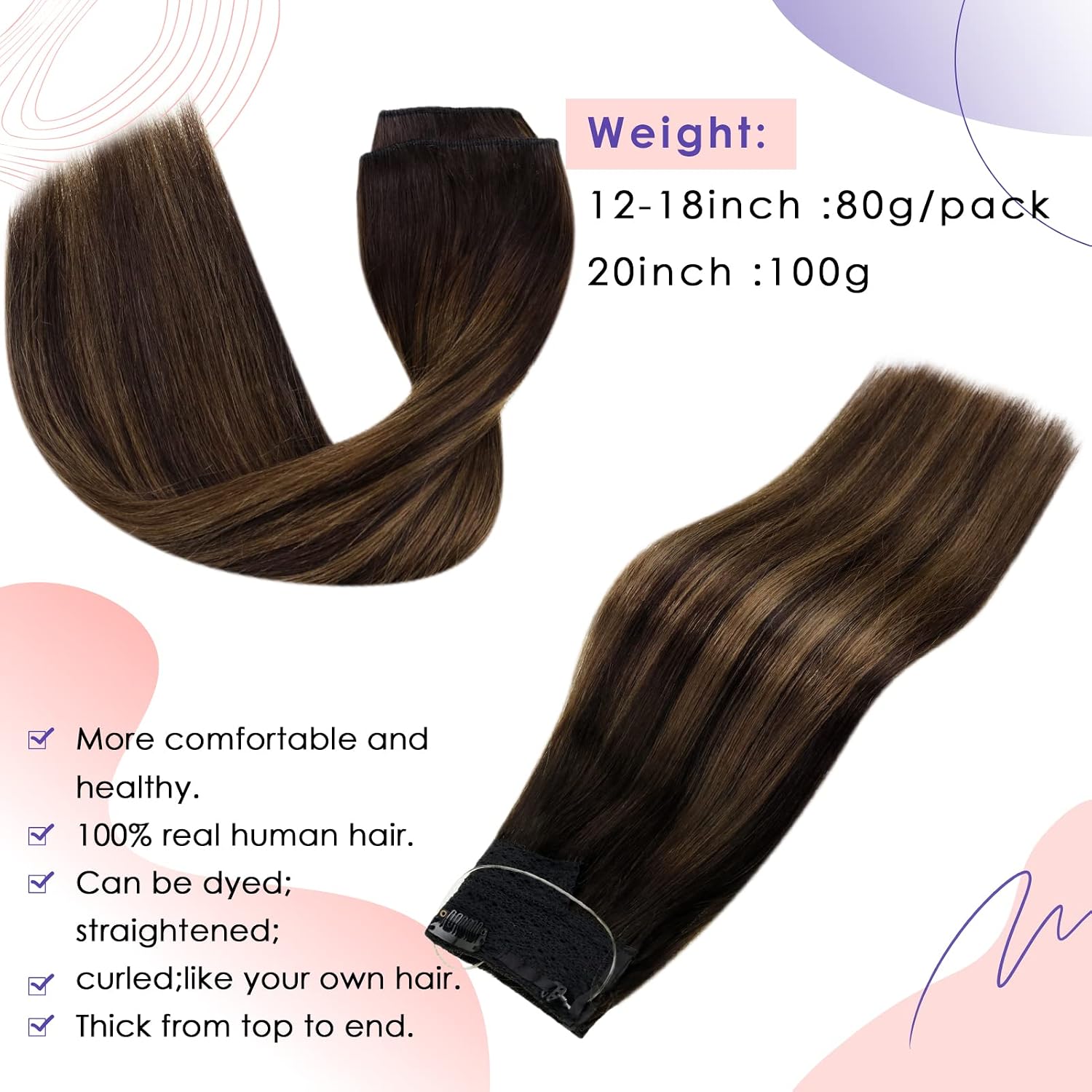 Vivien Wire Hair Extensions Human Hair Balayage Brown Wire Human Hair Extensions #2 Darkest Brown with #8 Light Brown and Brown Fish Line Human Hair Extensions One Piece 12 Inch 80g