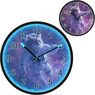 ALAZA 12 Astronaut Cat Funny Lighted Wall Clock Battery Operated 12 Inch Silent Non Ticking Clock for Bedroom Office Living Room Decor