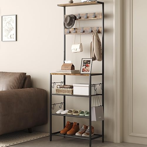 HOMEFORT Perchero con almacenamiento de zapatos, zapatero de 5 niveles y perchero con 9 ganchos para ropa, organizador independiente para árbol de