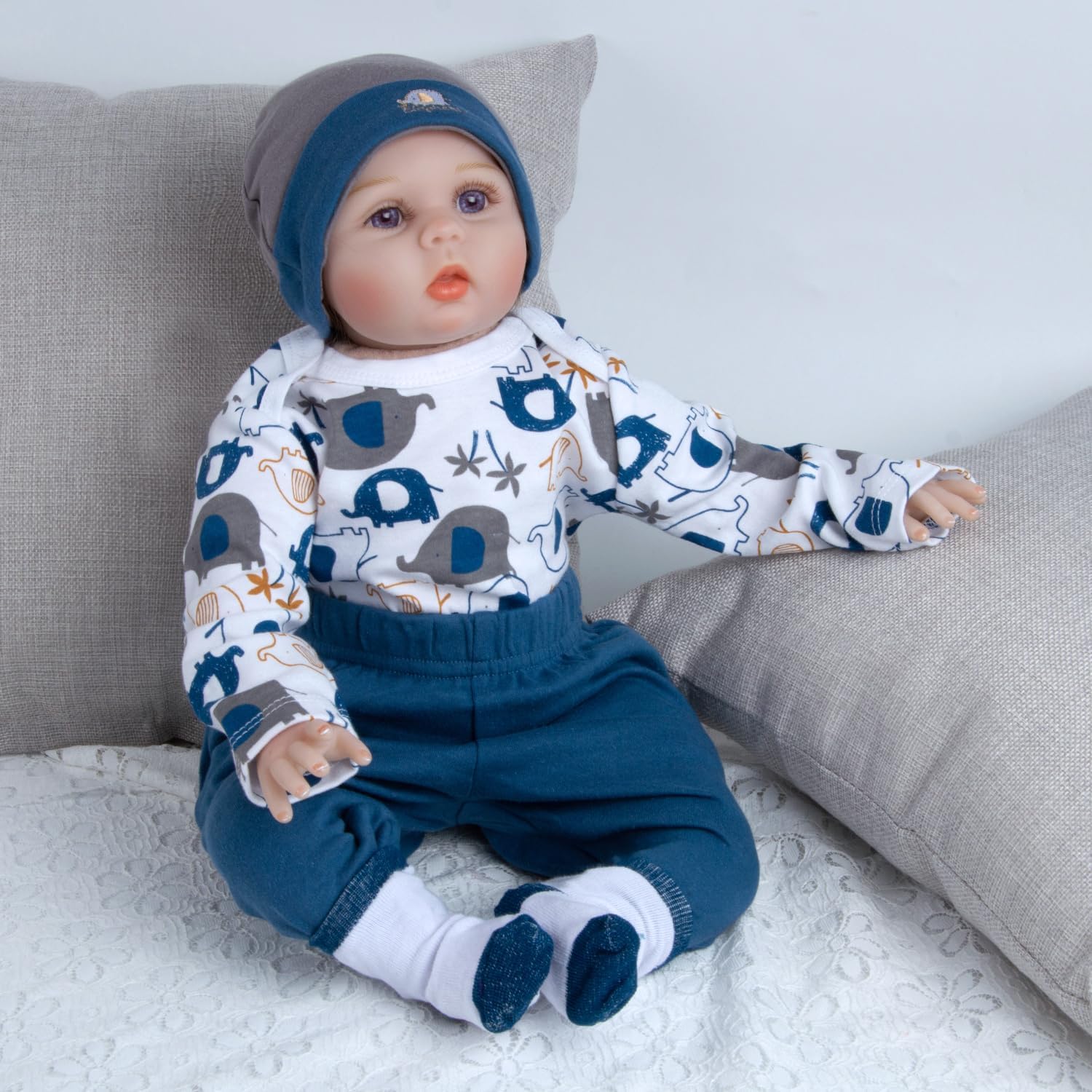4 Pieces Reborn Baby Doll Clothes Set for 17-22 Inch Baby Boy Dolls Blue Elephant Newborn Dolls Clothes Accessories