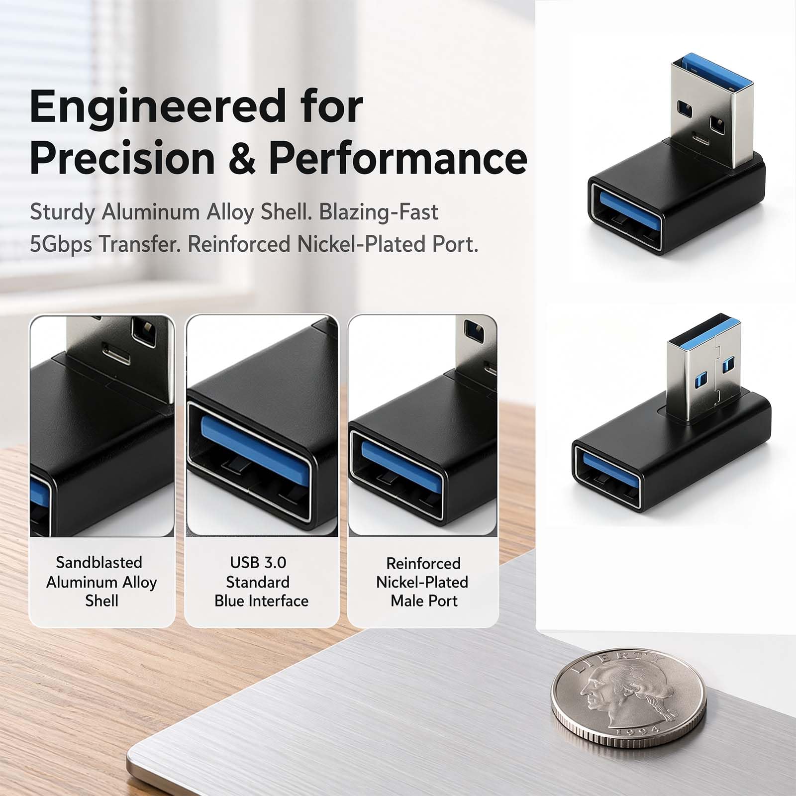 HENGBIRD 4 sztuki USB 3.0 wtyczka kątowa 90 stopni, wtyczka USB-A, czarna obudowa aluminiowa, do 5 Gbit/s i adapter kątowy USB w kształcie litery L do komputera, telewizora, konsoli do gier i