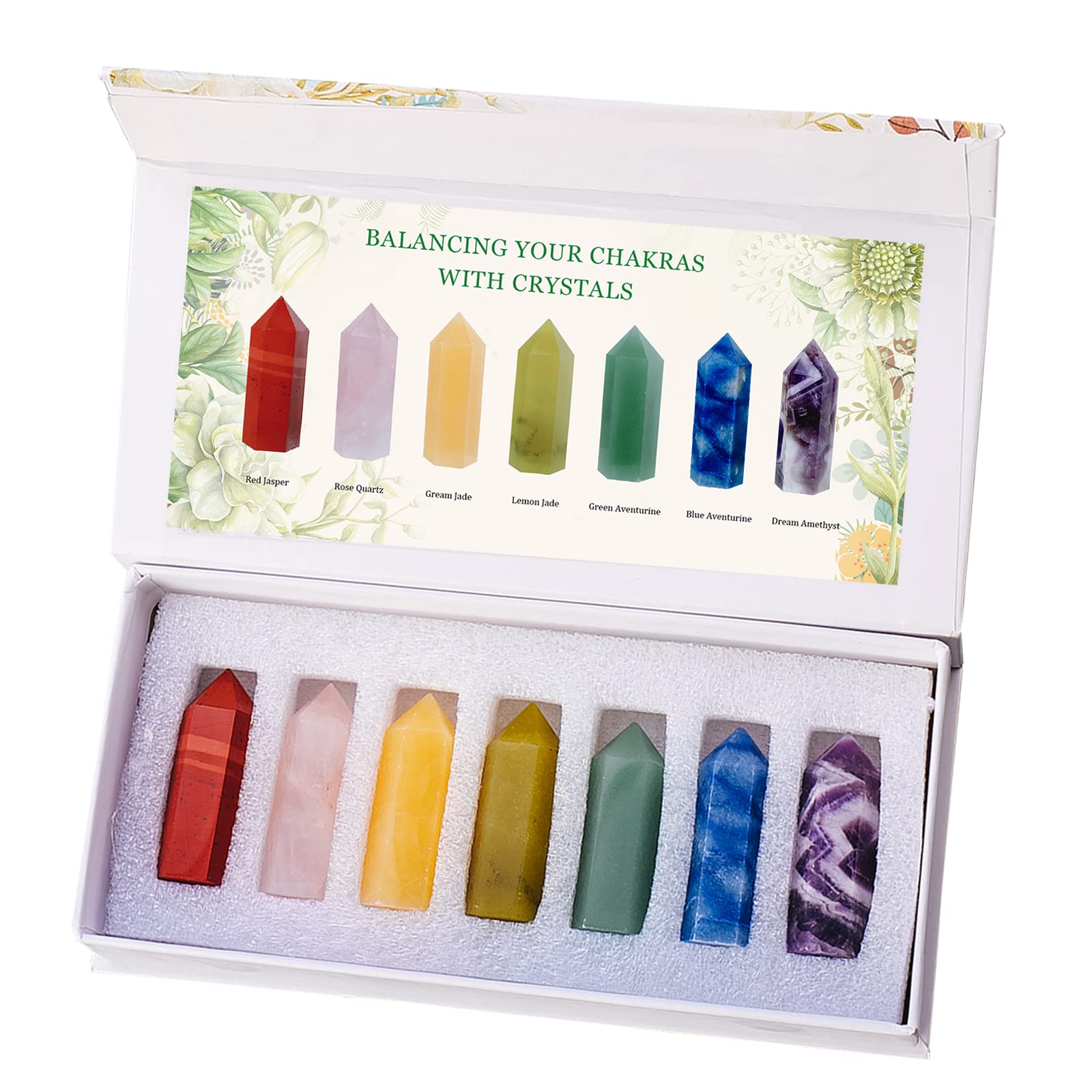 Runyangshi Natural Crystal Tower Gift Set 1.57"-1.96" 7 Chakra Natural Crystal Wand 6 Faceted Crystals Point Chakra Stone Kit Healing Reiki Chakra Meditation Home Decor Gifts(Chakra Set-7pcs A)