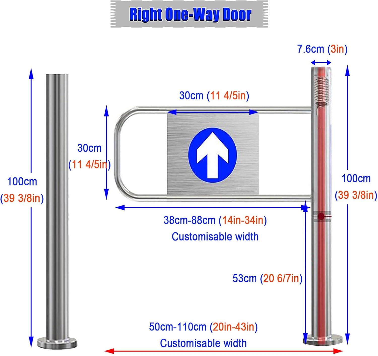 Safety Swing Gate for Library & Supermarket Access, 36"x39", Post-Mounted, 90° Opening, Spring-Loaded Auto Closure, One-Way Door for Employee Safety & Security