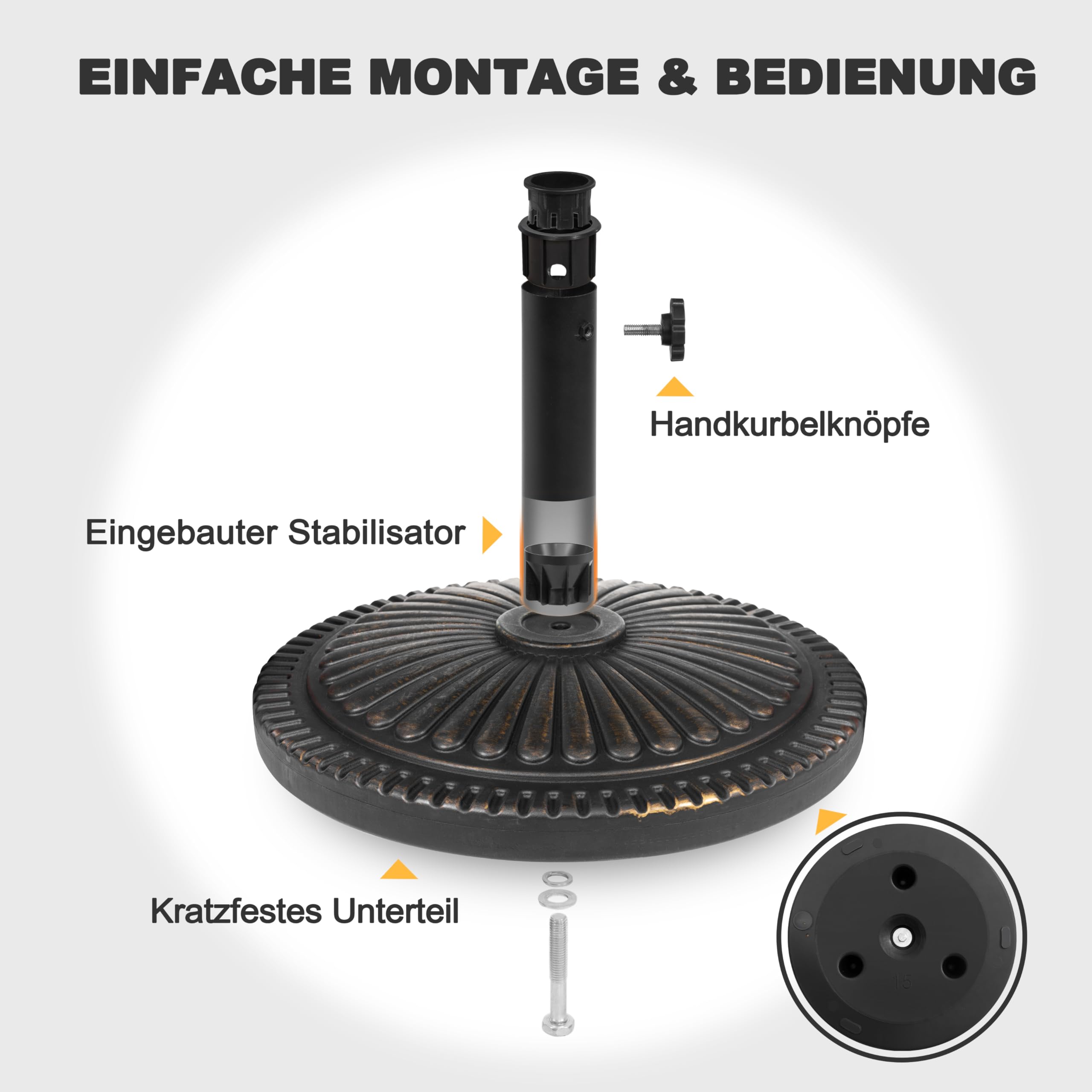 Avestar 15 kg runder Schirmständer für Garten, Sonnenschirmständer, beschwerter Schirmfuß, Schirmhalter, eleganter Schirmsockel für Schirmstangen Ø38-48 mm, Terrasse, Schwarz mit vergoldetem Rand