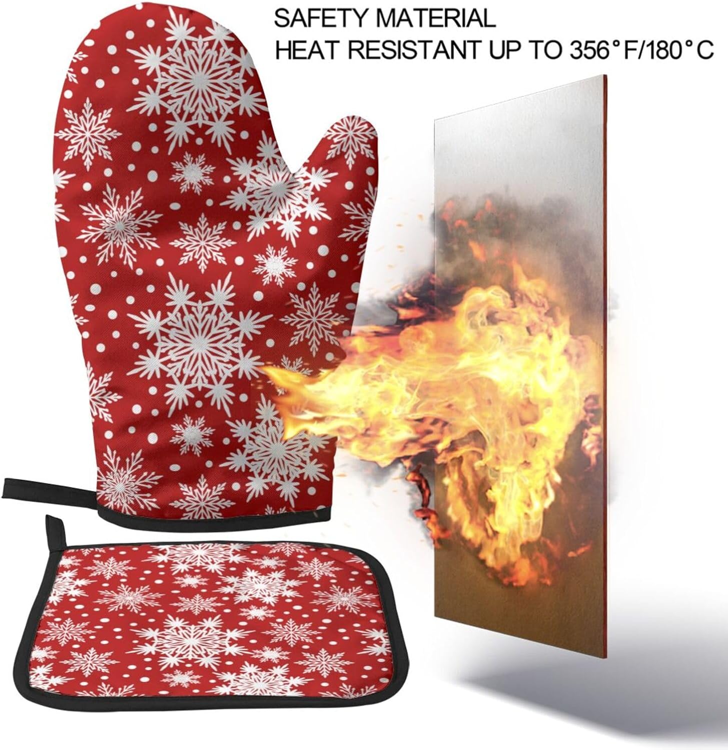 Perinsto Christmas Winter Snowflakes Red Oven Mitts & Pot Holders Kitchen Set Heat Resistant Xmas Decorative Cooking Gloves Microwave Oven Gloves for Baking Grilling BBQ - Image 5