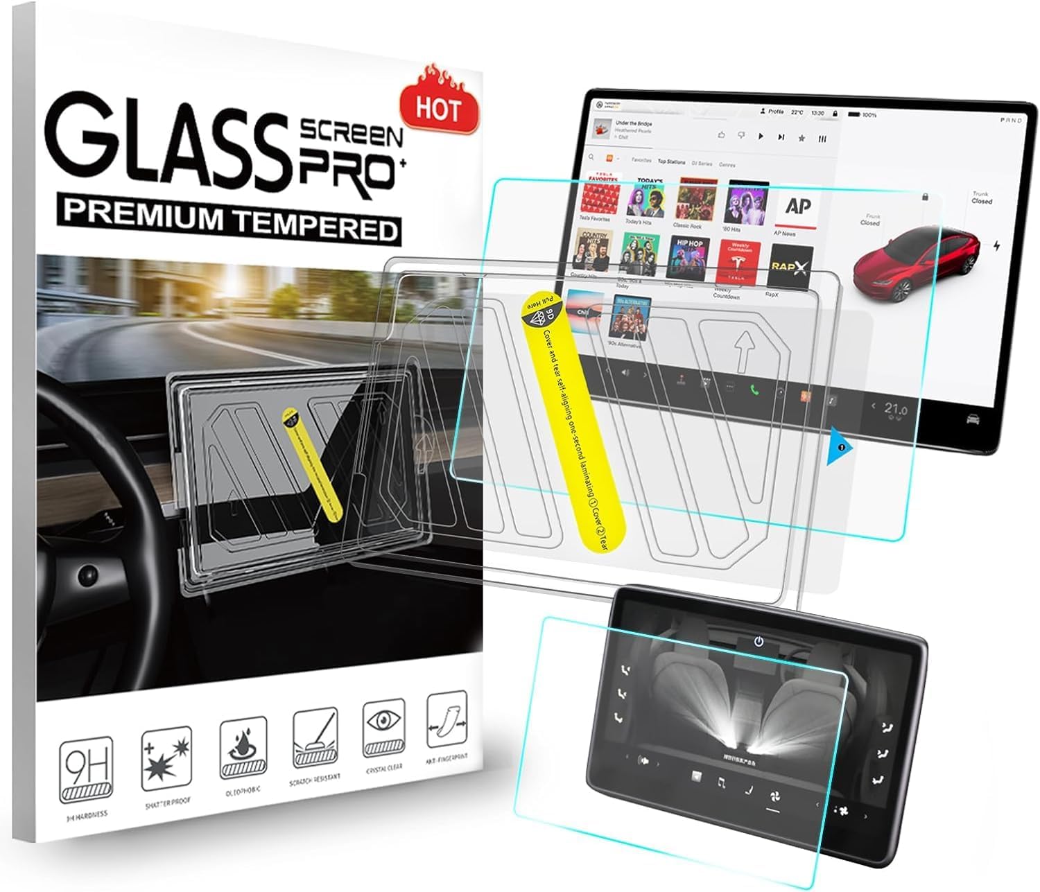 heus 9H Tempered Glass Screen Protector for Tesla Model 3 2025 2024 Highland & Model Y Juniper (2025-2026) - 15.4" Touchscreen & 8" Rear Screen, Easy Installation, Anti-Fingerprint, Anti-Scratch
