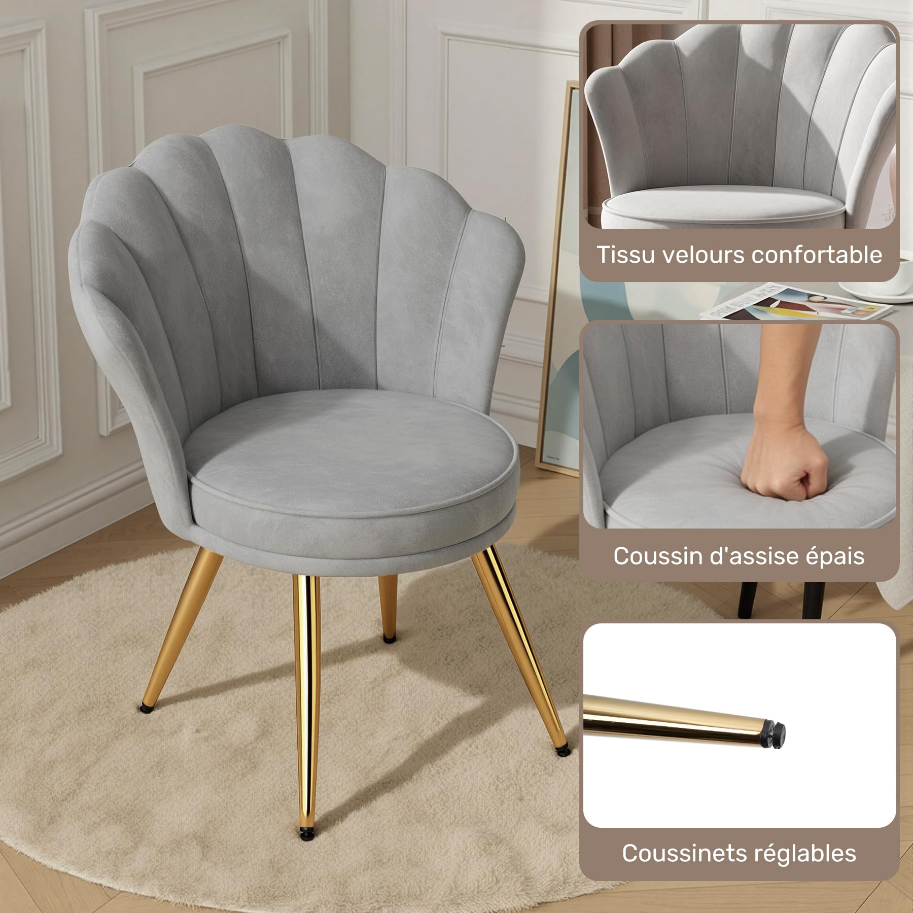 Modern Samt Esszimmerstuhl, Gepolsterter Schminktischstuhl mit Blütenblattförmiger Rückenlehne und Goldenen Beinen, eignet für Wohnzimmer, Schlafzimmer und Esszimmer, Grau