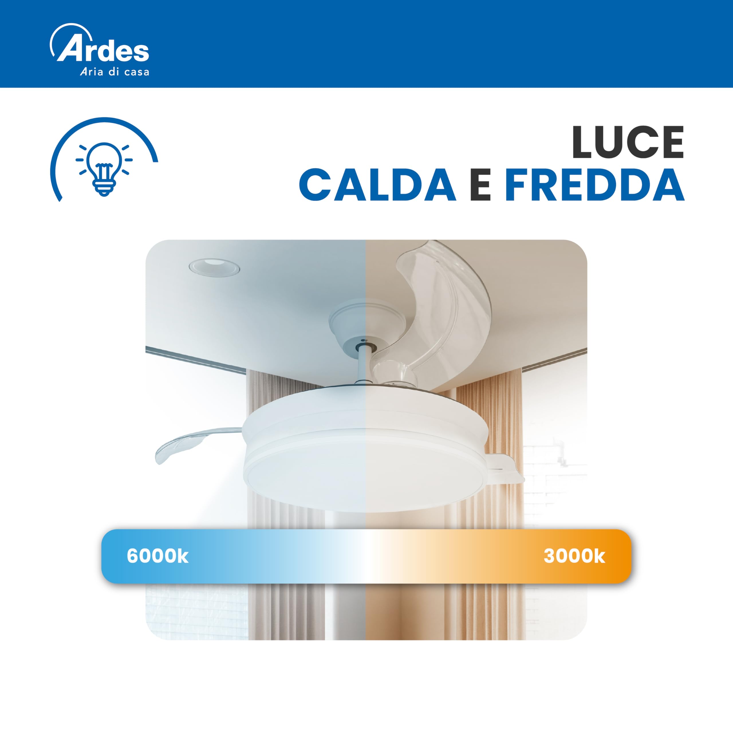 ARDES AIRGLOW EVO AR5PL92 Ventilatore da soffitto Ø92 cm con motore DC 59 W, pale retrattili e luce LED 2200 lm regolabile 3000–6000 K per uso domestico