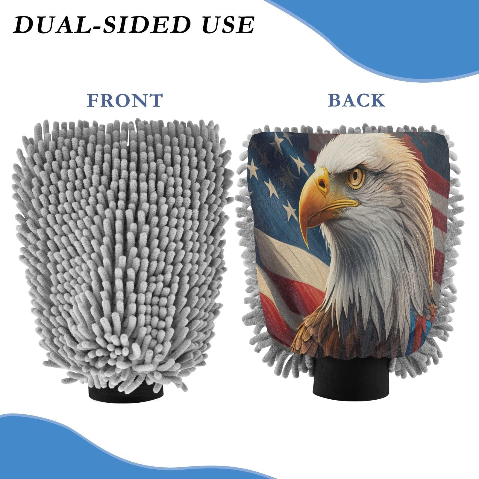 STAYTOP American Flag and Eagle Car Wash Mitt Microfiber, 2Pcs Scratch Free Lint-Free, Premium Chenille Microfiber Mitt Car Wash Brush-M