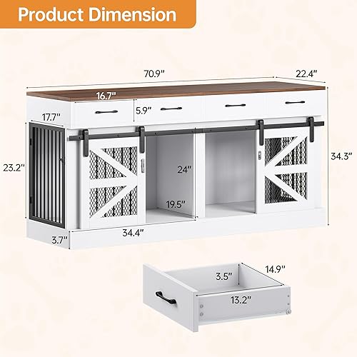 Miniatura 2 de Mueble de jaula para perros con divisor extraíble y 4 cajones de almacenamiento - Caseta de perro grande de madera de 71" mesa auxiliar interior