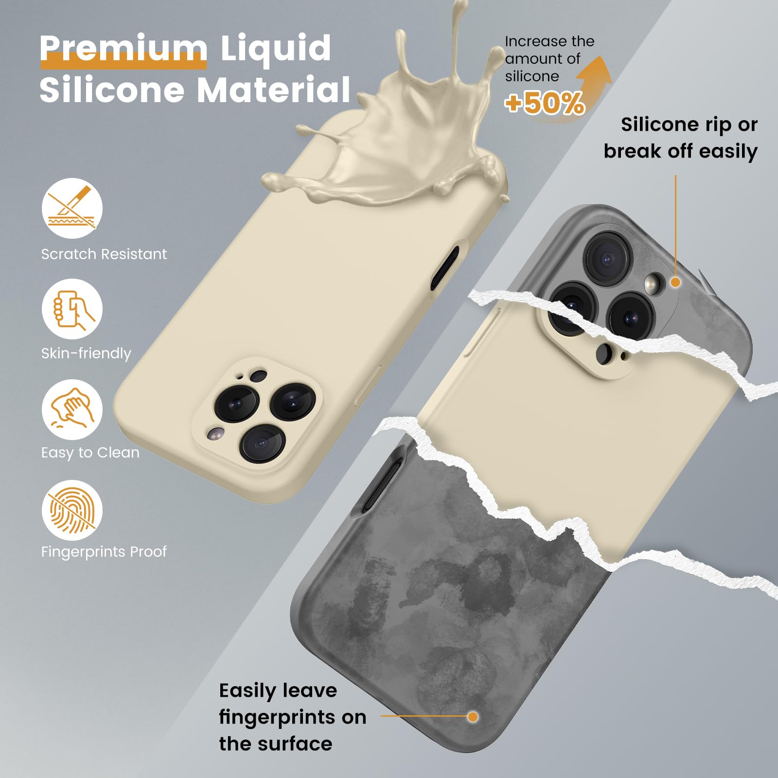 CALOOP Slim-Fit for iPhone 16 Pro Max Case,Skin Soft Liquid Silicone,Sturdy Hard Frame Shockproof Cover with Anti-Scratch Microfiber Lining,Full Protection for Screen and Lens,6.9 inch,Stone - Image 2