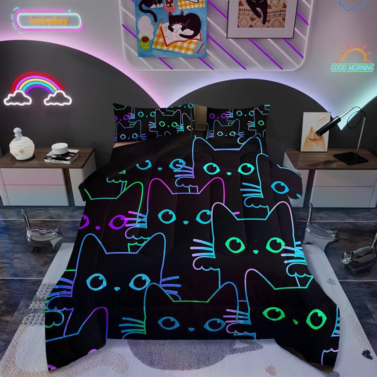 Erosebridal Cartoon Cat Bedding - Twin Cute Black Cat Comforter Set, Gradient Line Kitten Comforter, 2Pcs