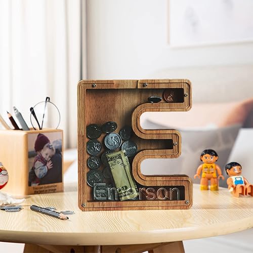 Miniatura 4 de Alcancía con nombre personalizado, 26 letras láser con texto personalizado, banco de monedas de madera, significado educativo, alcancía con nombre