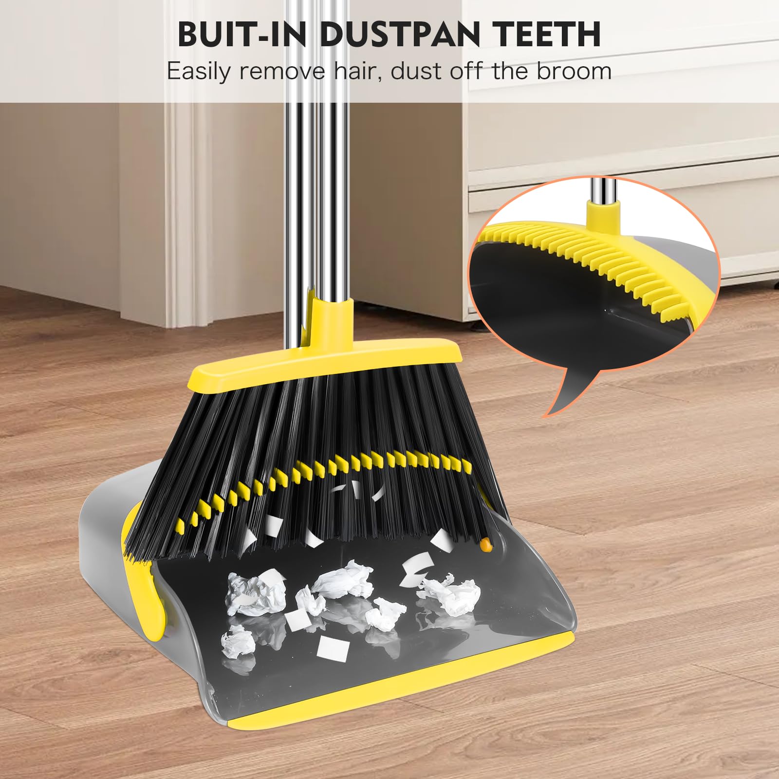 NACENA Besen- und Kehrschaufel-Set, 139,7 cm lang, verstellbarer Griff, Besen, Kehrschaufel mit Kehrschaufelzähnen zur automatischen Haarreinigung, geeignet für Zuhause, Küche, Büro, Flur, Boden, groß