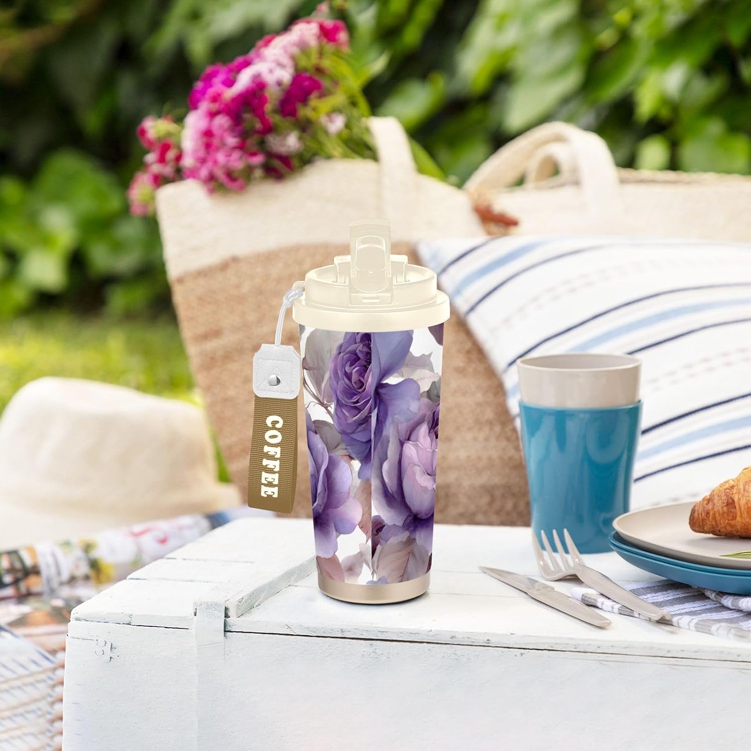 Rose Purple Leaf Insulated Coffee Mug with Straw & Flip Lid, 16.9oz Iced Tumbler Cup, Double Wall Vacuum Leak-Proof Mug for Travel Office